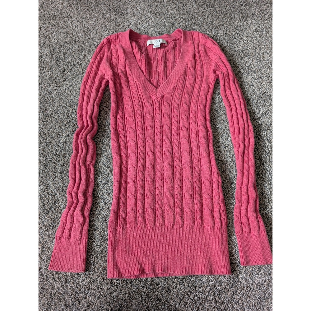 Forever 21 XXI‎ Pink Cable Knit V-Neck Cotton Sweater Slim Fit Y2K Womens Small